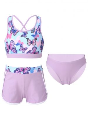 iEFiEL 3Pcs Kids Girls Swimsuit Cross Straps Open Back Print Crop Tops with Shorts Briefs Set Bathing Suit