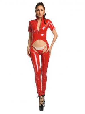 iEFiEL Womens Wetlook Catsuit Crotchless Patent Leather Bodysuit Short Sleeve Zipper Skinny Jumpsuits with G-string
