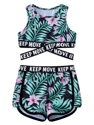 iEFiEL 2Pcs Girls Swimwear Sleeveless Cross Sash Crop Tops with Shorts Set Beach Bathing Suit Rashguard Swimsuit