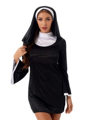 iEFiEL Women Nun Cosplay Costume Flare Sleeve Dress with Headscarf Halloween Role Play Stage Outfit 