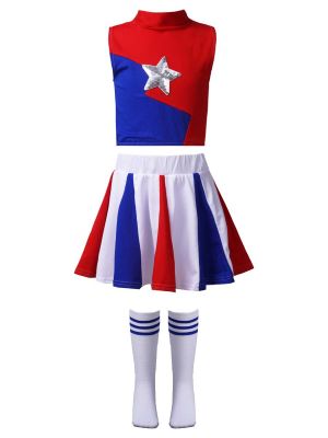 iEFiEL Kids Girls Cheerleading Outfit Sequins Star Decor Crop Top with Elastic Waistband Skirt and Socks