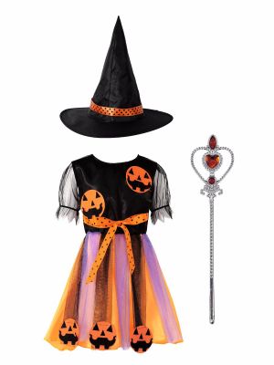 iEFiEL 3Pcs Girls Halloween Witch Cosplay Outfit Pumpkin Applique Mesh Dress with Magic Wand and Pointed Hat