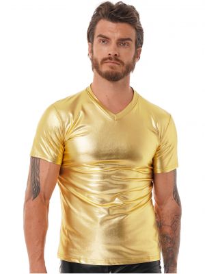 iEFiEL Mens Metallic Short Sleeve T-shirt  V Neck Solid Color Slim Fit Tops for Nightclub Stage Performance