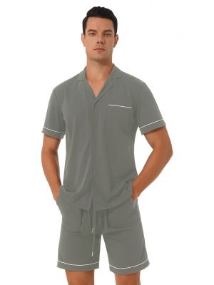 iEFiEL Mens Two-piece Pajama Set Sleepwear Loungewear Button Down Short Sleeve Shirt Tops with Drawstring Shorts Nightwear