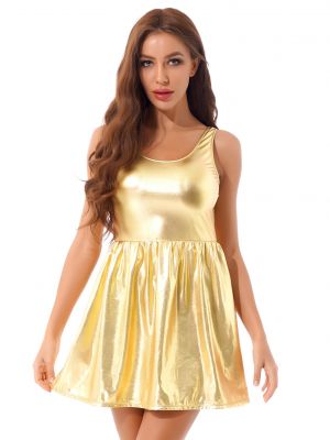 iEFiEL Womens Metallic U Neck Sleeveless Dress Shiny Ruffle Sundress Stage Dancing Show Costume