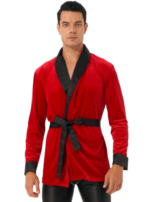 iEFiEL Men Christmas Role Play Costume Velvet Kimono Bathrobe Nightwear Long Sleeve Night-robe Tops with Belt