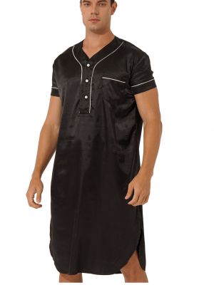 iEFiEL Mens Short Sleeves Satin Nightshirt  V Neck Button Curved Nightwear Night-robe with Pocket
