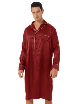 iEFiEL Mens Satin Loose Long Sleeve Nightshirt Sleepwear Notched Collar Pullover Bathrobe Nightwear