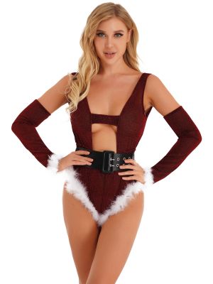 iEFiEL Womens Christmas Role Play Outfit Lingerie Set Faux Fur Trim Glitter Bodysuit with Belt Oversleeves