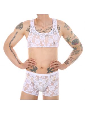 iEFiEL Men Flower Pattern See-Through Lace Lingerie Set Cropped Tank Top with Shorts Sissy Nightwear 