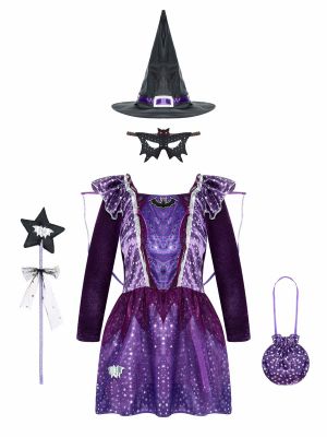 iEFiEL Girls Halloween Witch Cosplay Costume Stars Print Detachable Wings Dress with Pointed Hat Mask Bag and Fairy Wand Set