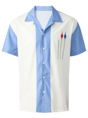 iEFiEL Men Loose Button Down Shirt Color Block Stylish Print Turn-Down Collar Short Sleeve Tops