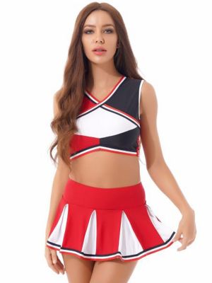 iEFiEL Women Color Block Cheerleading Outfit Halloween Role Play Costume V Neck Crop Top with Pleated Skirt