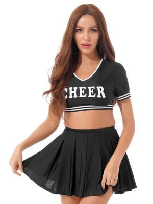 iEFiEL Women Cheerleading Costume Uniform Role Play Outfit Letter Print V Neck Crop Top with Mini Pleated Skirt