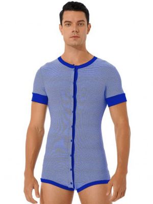 iEFiEL Mens Short Sleeve Striped Bodysuit Romper One-piece Button Down Jumpsuit Nightwear