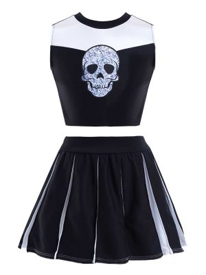 iEFiEL Girls Cheerleading Dance Outfit Sleeveless Skull Pattern Print Crop Top with Elastic Waistband Pleated Skirt