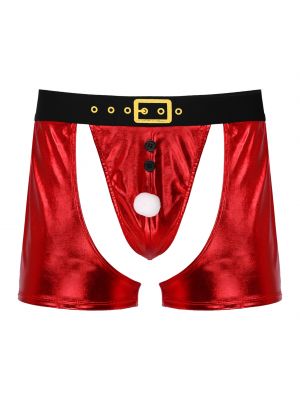 iEFiEL Mens Faux Leather Bulge Pouch Boxer Shorts Christmas Claus Santa Cutout Back Faux Fur Ball Decor Underpants