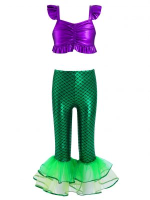 iEFiEL 2Pcs Kids Girls Mermaid Cosplay Outfit Ruffle Trim Crop Tops with Fish Scales Print Flared Pants