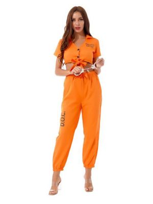 iEFiEL Women Halloween Prisoner Dress Up Outfit V Neck Crop Top with Pants Hand Cuffs Role Play Costume