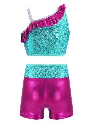 iEFiEL 2Pcs Kids Girls Sequins Dance Outfit Asymmetrical Shoulder Color Block Patchwork Crop Top with Shorts Set