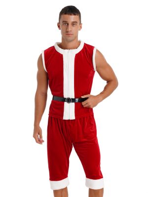 iEFiEL Mens Faux Fur Trimming Velvet Christmas Costume Outfit Sleeveless Zipper Tops with Shorts Faux Leather Belt
