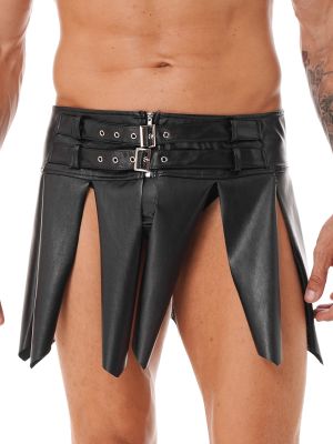 Men Faux Leather Tassel Skirt Halloween Fancy Dress Buckle Zipper Miniskirt