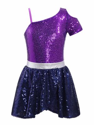 iEFiEL Kids Girls Oblique Shoulder Gymnastic Leotard Sequins Decor Patchwork Ballet Dance Leotard Dress