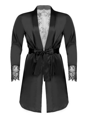 iEFiEL Men Satin Long Sleeve Kimono Belted Bathrobe Sleepwear See-through Floral Lace Patchwork Night-robe 