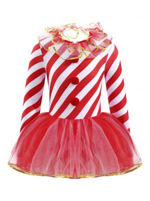 iEFiEL Kids Girls Christmas Costume Halter Neck Long Sleeves Dress Stripes Print Sequins Jumpsuit with Pompoms