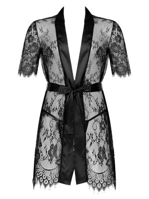 iEFiEL Men Floral Lace Kimono Robe Scalloped Hem See-through Bathrobe Nightgown with G-string Belt