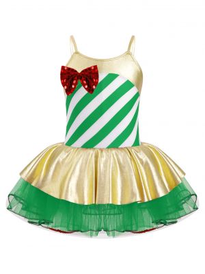 iEFiEL Kids Girls Christmas Sequined Cami Dance Jumpsuit Dress Adjustable Straps Bowknot Mesh Tutu Dress 