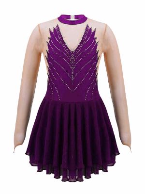 iEFiEL Kids Girls Hollow Back Mesh Patchwork Ruffle Hem Dance Skating Dress