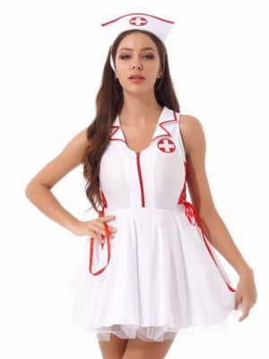 iEFiEL Women Nurse Sleeveless Flared Dress with Hat Costume Halloween Role Play Outfit