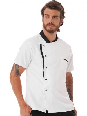 iEFiEL Men Oblique Collar Short Sleeve Button Down Chef Jacket Kitchen Uniform Tops for Hotel Restaurant Canteen