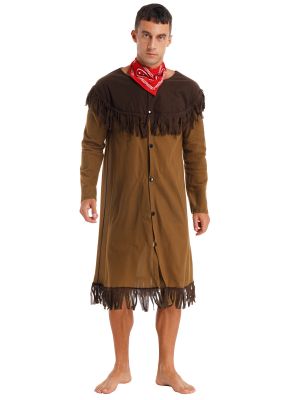 iEFiEL Mens Cowboy Cosplay Costume Halloween Fancy Dress Ball Outfit Long Sleeve Fringed Jacket Coat with Scarf