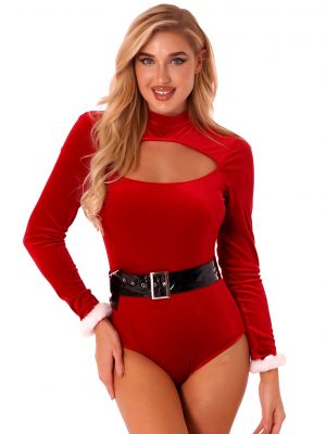 iEFiEL Womens Christmas Santa Cosplay Jumpsuit Stand Collar Long Sleeves Cutout Front Bodysuit with Belt