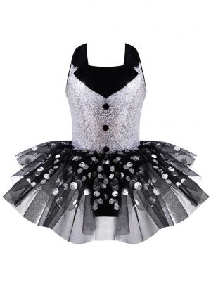 iEFiEL Big Girls Sleeveless Dance Dress Polka Dots Print Sequins Decor Hollow Back Tutu Mesh Dress