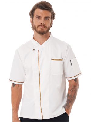 iEFiEL Mens Restaurant Kitchen Cook Uniform Short Sleeve Invisible Button Down Chef Jacket Coat