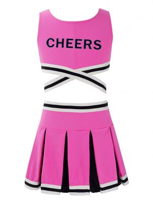 iEFiEL 2Pcs Girls Dance Performance Outfit Sleeveless Cheers Print Crisscross Sash Vest with Pleated Skirt Set