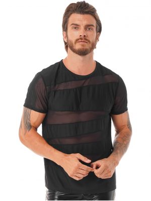iEFiEL Mens See-through Mesh Patchwork T-shirt Casual Tops for Nightclub Rock Concert