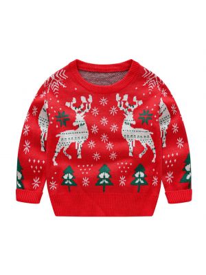 iEFiEL Kids Girls Christmas Knitted Tops Long Sleeves Cartoon Elk Print Crochet Knitwear