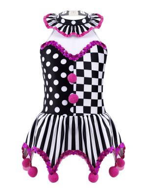 iEFiEL Kids Girls Circus Clown Cosplay Costume Halter Plaid Polka Dots Stripes Sequins Irregular Hem Dress
