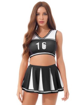 iEFiEL Women Halloween Cheerleading Outfit Role Play Costume V Neck Color Block Crop Top with Pleated Skirt