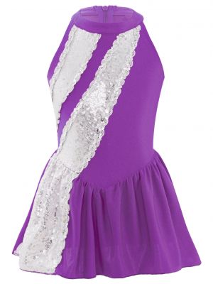 iEFiEL Kids Girls Cheerleading Sparkling Sequins Latin Dance Dress Sleeveless Invisible Zipper Back Outfit Dancewear