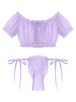 iEFiEL Two-piece Men Sissy Lingerie Set Underwear Off Shoulder Ruffled Crop Top with Frilly Thongs Lingerie Suit Nightwear 