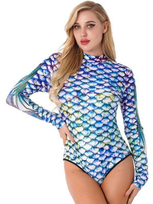 iEFiEL Womens Long Sleeves Fish Scales Print Back Zipper Jumpsuit Swimming Bathing Surfing Swimwear