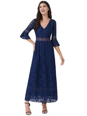 iEFiEL Women Vintage Hollow Floral Lace Maxi Dress V Neck High Waist Long Dress for Wedding Evening Party