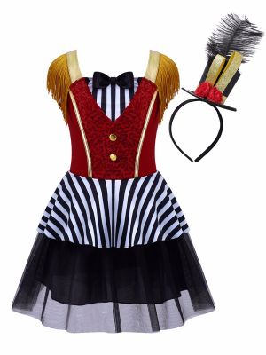 iEFiEL Girls Showman Costume Striped Patchwork Mesh Tutu Dress with Feather Mini Top Hat Headband for Halloween Carnival Party