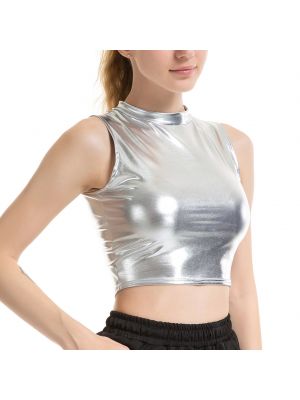 iEFiEL Womens Glossy Crew Neck Crop Top Metallic Shiny Sleeveless T-Shirt Vest Tops Clubwear