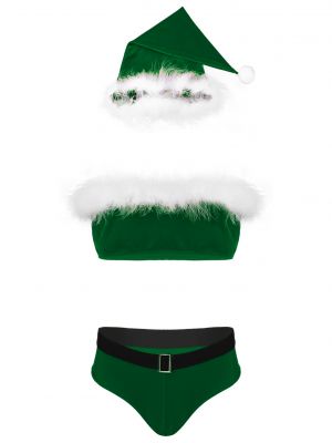 iEFiEL Mens Sissy Velvet Christmas Lingerie Set Nightwear Feather Trimming Strapless Crop Top with Briefs Santa Hat